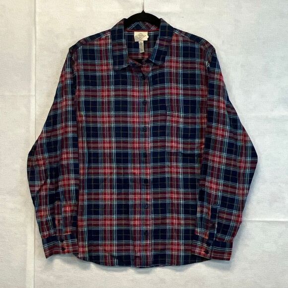 ST. JOHN’S BAY Women’s Classic Shirt XL Navy Tartan Plaid Long Sleeve Cotton NEW - Picture 2 of 15